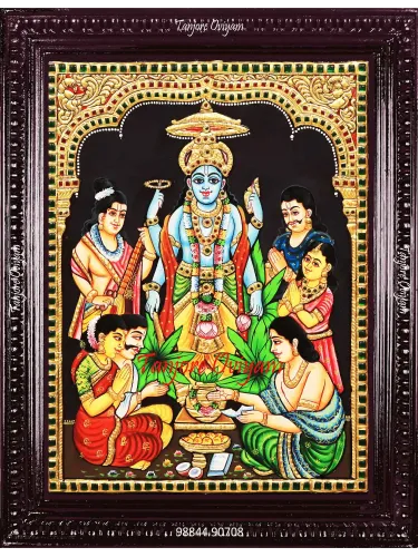 Hand-painted Sathya Narayana Tanjore Painting of Lord Vishnu with devotees in traditional gold-embossed Tanjore art style